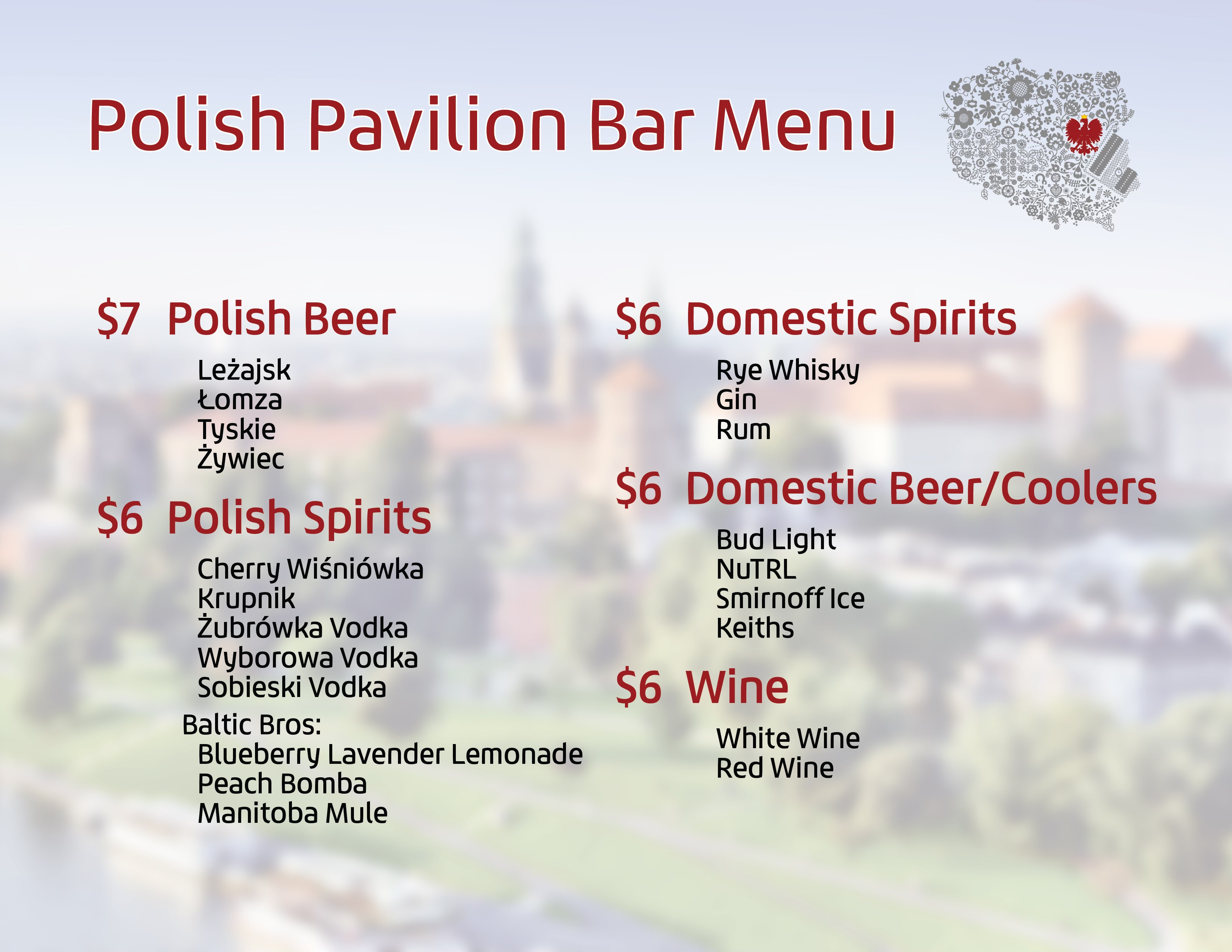 Polish Pavilion Bar Menu 2024